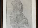 a drawing of a woman in a hat holding a cup