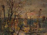 une image d'une peinture représentant un paysage avec des arbres et une rivière