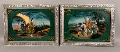 deux tableaux représentant un homme à cheval et une femme à cheval