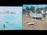 deux tableaux représentant des bateaux sur une plage au bord d'un plan d'eau
