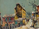 an oil painting of a snowy street scene with buildings and trees