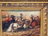 painting of a group of men riding horses in a field
