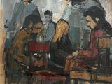 une peinture à l'huile représentant un groupe de personnes assises autour d'une table