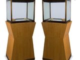 deux vitrines en bois et en verre sur fond blanc