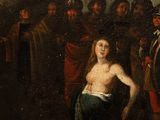 an image of a painting of a woman being led into a crowd
