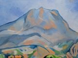 a painting of cows grazing in a field with a mountain in the background