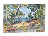 watercolor painting of a beach scene with trees and a body of water