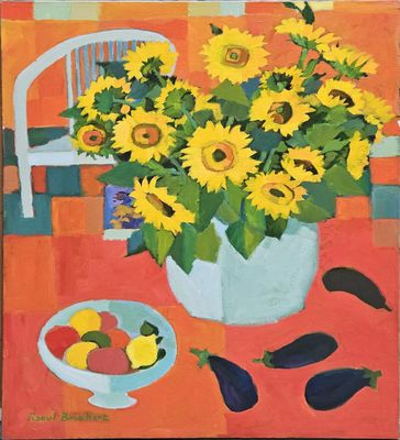 a painting of sunflowers in a vase on a table