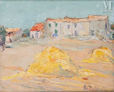 an image of a painting of a farm scene with hay bales
