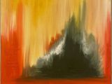 an abstract painting of a mountain with a red sky in the background