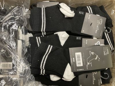 several pairs of black and white socks are in a plastic bag