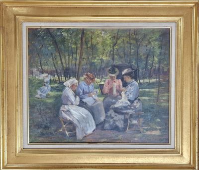un tableau représentant un groupe de personnes assises dans un parc