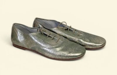 silver leather shoes with laces on them on a white surface