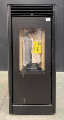a black trash can with a yellow sticker on it