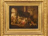 painting of a group of people in a living room with a dog
