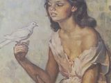 painting of a woman holding a white bird in her hand
