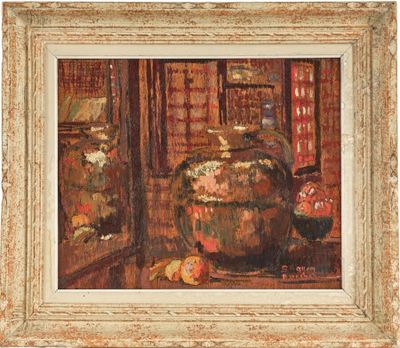 une peinture à l'huile représentant une plante en pot devant une fenêtre