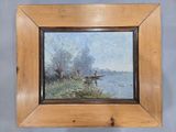 une peinture à l'huile représentant un bateau sur une rivière avec des arbres en arrière-plan