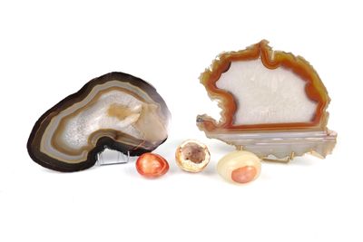 two pieces of agate on a white surface