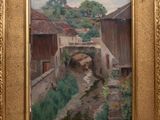 an oil painting of a small stream running through a village