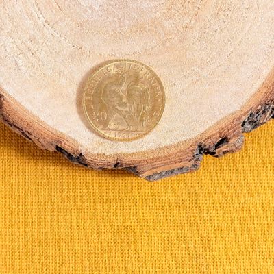 a small coin sitting on top of a piece of wood