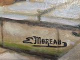 an oil painting of a street scene with a bench and a street sign