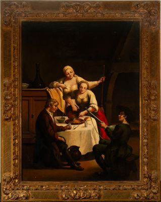 tableau représentant une famille en train de dîner dans une taverne, par [nom de l'artiste]