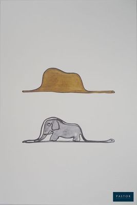 un dessin représentant un éléphant et un chapeau posés sur une table