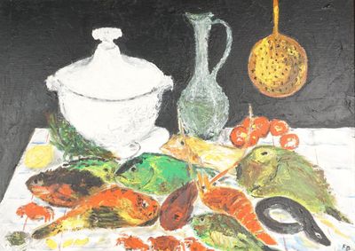 un tableau représentant des homards et d'autres mets sur une table