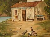 a painting of a woman feeding chickens in front of a house