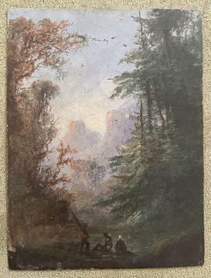 un tableau représentant une scène boisée avec un homme sur une charrette tirée par un cheval