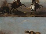 deux photos d'un tableau représentant un homme à cheval poursuivant un autre homme à cheval