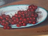 a painting of a bowl of cherries on a table