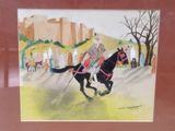 painting of a man riding a horse on a street with people in the background