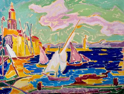 painting of sailboats in a harbor with a lighthouse in the background