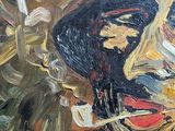 an oil painting of a man with a hat smoking a cigarette