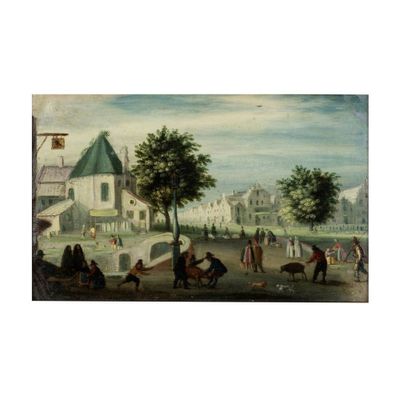 un tableau représentant une scène de village avec des personnages et des animaux