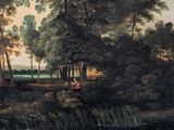 a painting of a man and a woman sitting on a bench in a wooded area