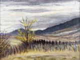 an image of a painting of a field with trees and mountains in the background