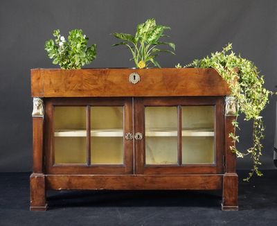 une armoire en bois sur laquelle sont posées des plantes