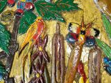 a painting of birds and flowers on a yellow background