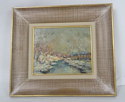 framed oil painting of a winter scene with a river in the foreground