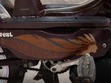 a close up of a motorcycle with a brown and black design on it
