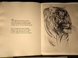 an open book with a drawing of a tiger on it