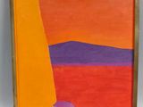 two framed paintings of orange, purple, and yellow on a white background