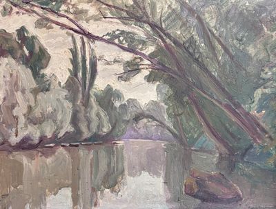 un tableau représentant une rivière avec des arbres et des rochers dans l'eau