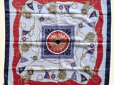 square silk scarf with red, white, and blue design