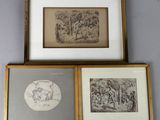 three framed drawings of a man and woman in a forest