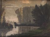 tableau représentant une rivière dans un cadre boisé, avec des arbres au premier plan