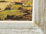 an oil painting of a black bird sitting on top of a grass covered field
